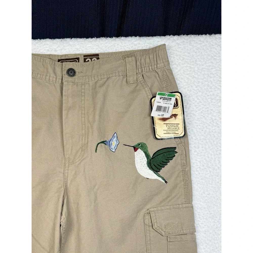 NEW - C.E. Schmidt Cargo Shorts Khaki- Men's 32 - Embroidered Birds Flowers